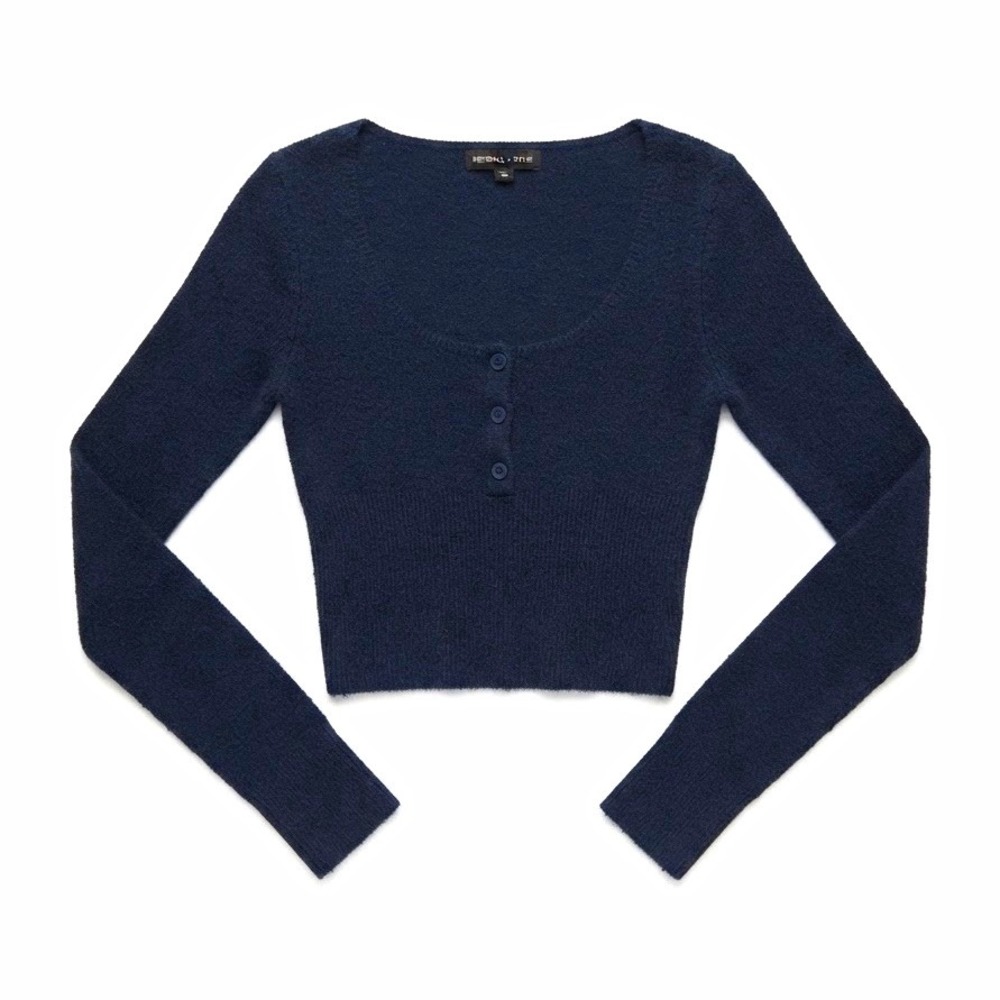 Kendall & Kylie Navy Knit Scoop Neck Button Accent Long Sleeve Sweater XS